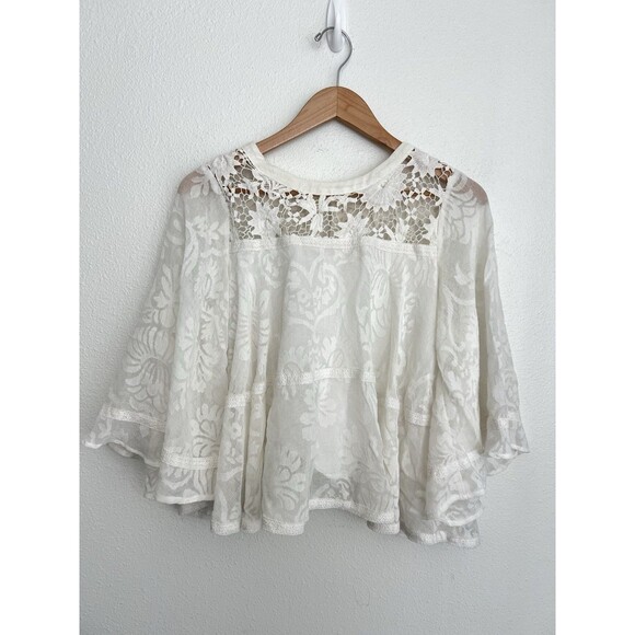 Champagne & Strawberry Floral Blouse Boho Sheer Flowy Lace Top Bell Sleeves L - Picture 1 of 9
